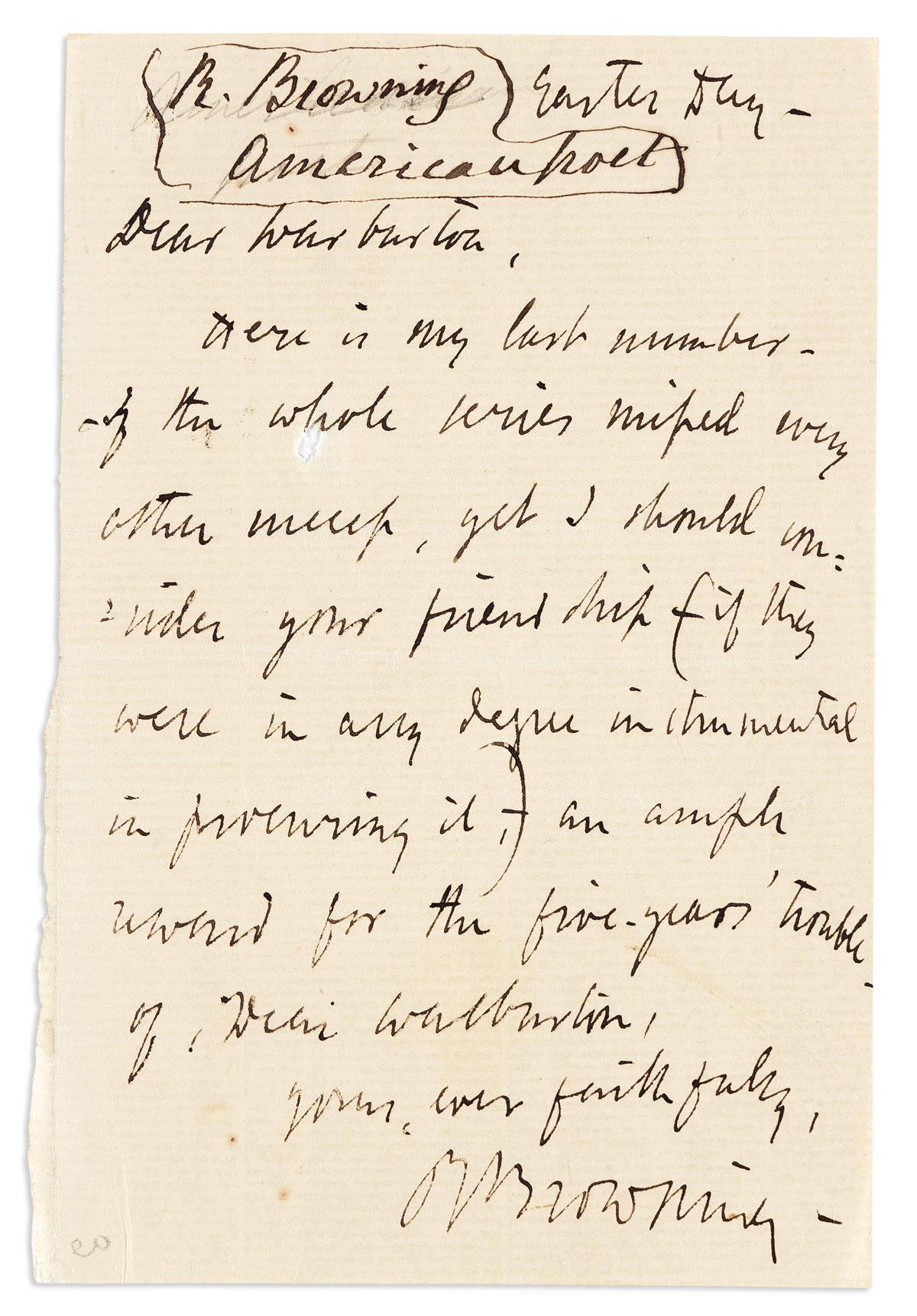 BROWNING, ROBERT. Autograph Letter Signed, RBrowning, to [reviewer Eliot?] Warburton (Dear Warburton),